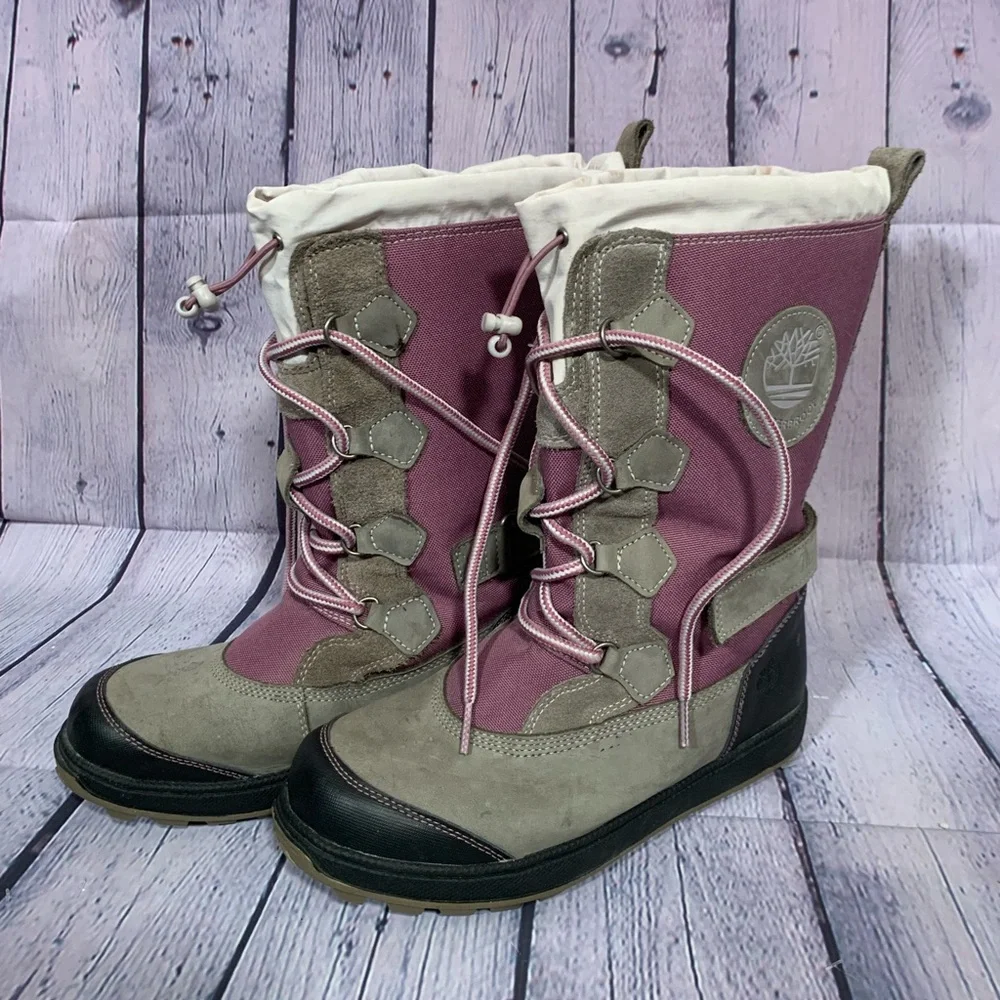 Timberland Girls Insulated Snow Boots Purple Gray Size 5.5 Waterproof Leather